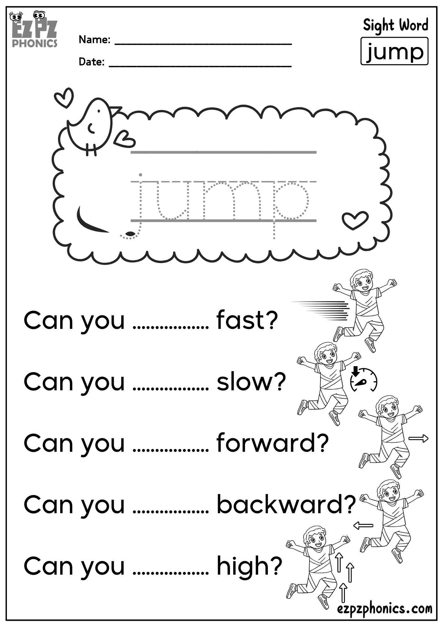 The Word “Jump” - Dolch Pre-Kindergarten Sight Words Sentences Worksheet – Free PDF Download